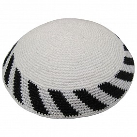 White Knitted Kippah with Black Stripes